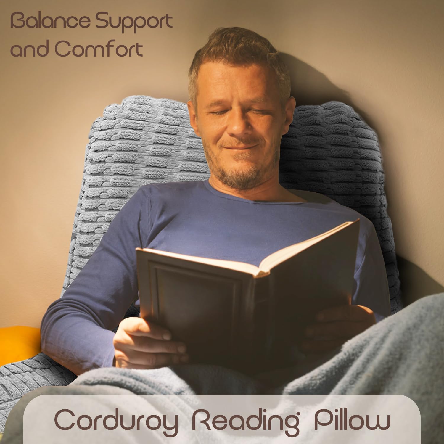 Man reading a book on a chair with a Corduroy Reading Pillow, text 'Balance Support and Comfort' and 'Corduroy Reading Pillow' displayed.