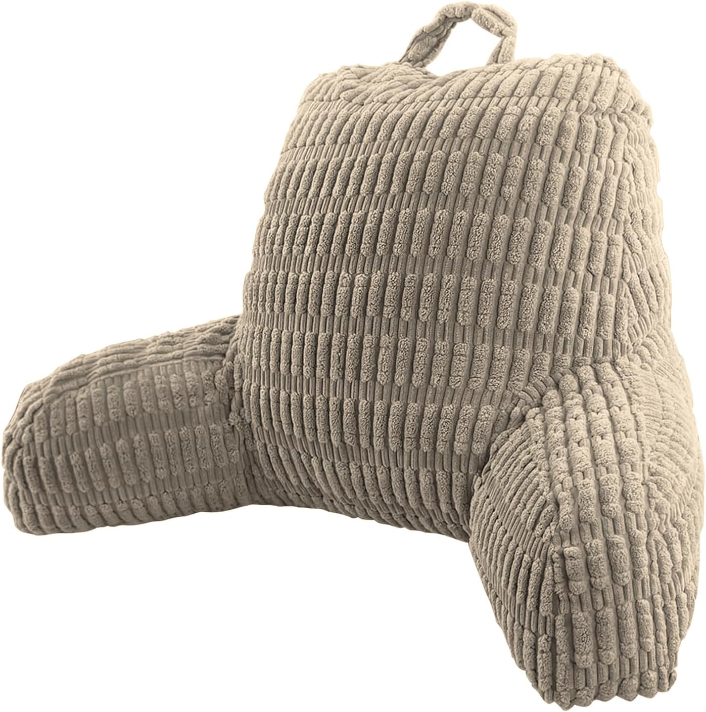 Beige backrest pillow with armrests on a white background