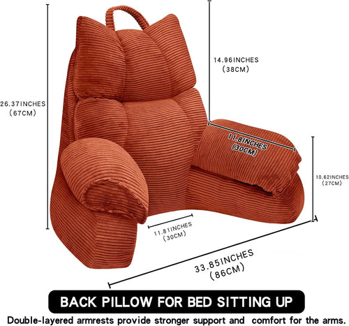 Brown back pillow for bed with dimensions labeled on a white background