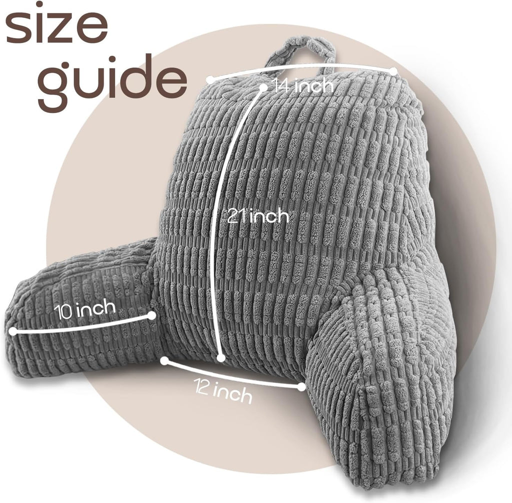 Gray backrest pillow with measurements on a beige background