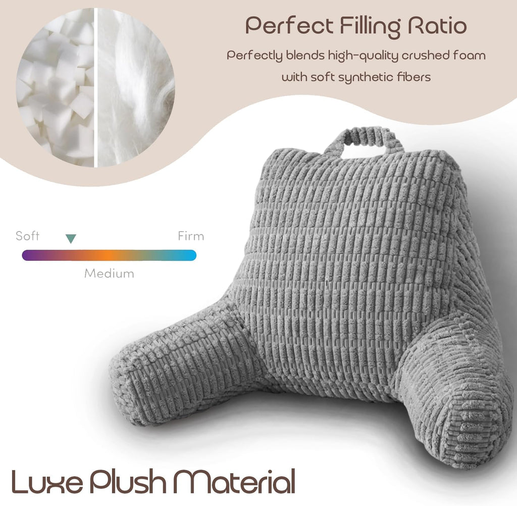 Gray backrest pillow with plush material and filling ratio text on a white background