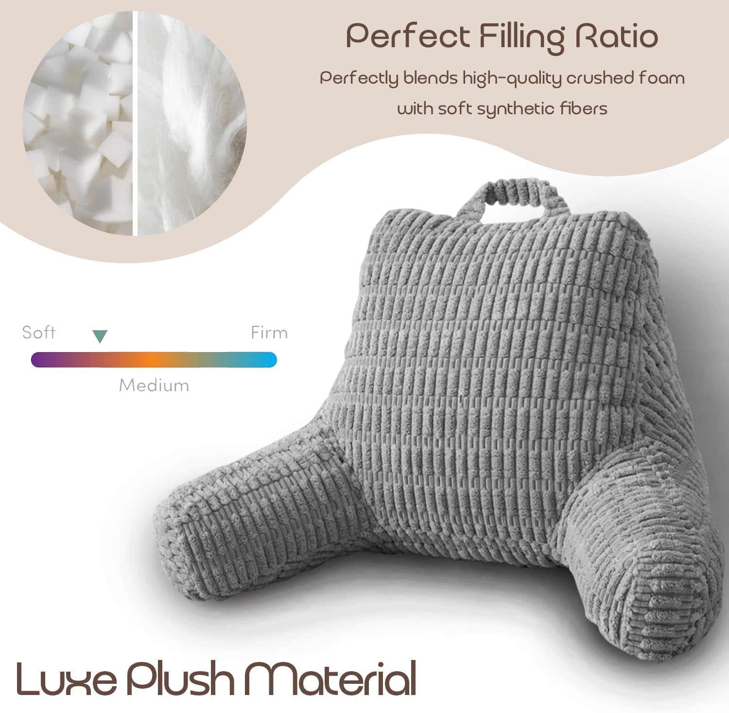 Gray backrest pillow with plush material and filling ratio text on a white background