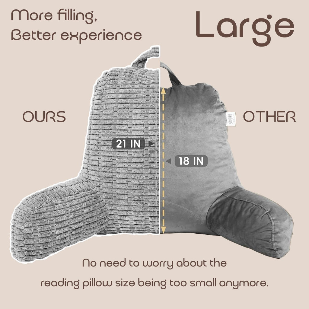 Gray reading pillow with size comparison to 'other' pillow on a beige background