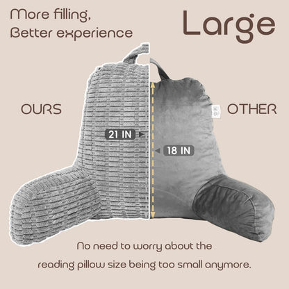 Gray reading pillow with size comparison to 'other' pillow on a beige background