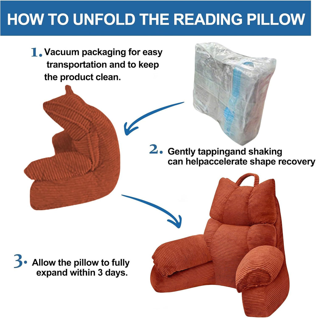 Instructions on how to unfold a reading pillow with an image of the pillow in packaging and fully expanded.