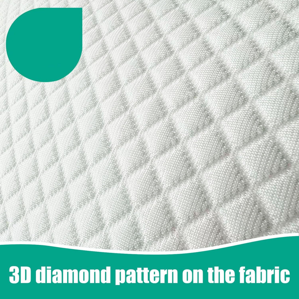 White quilted fabric with a diamond pattern, featuring an OEKO-TEX certification badge in the top-left corner and a teal banner at the bottom that reads '3D diamond pattern on the fabric'.