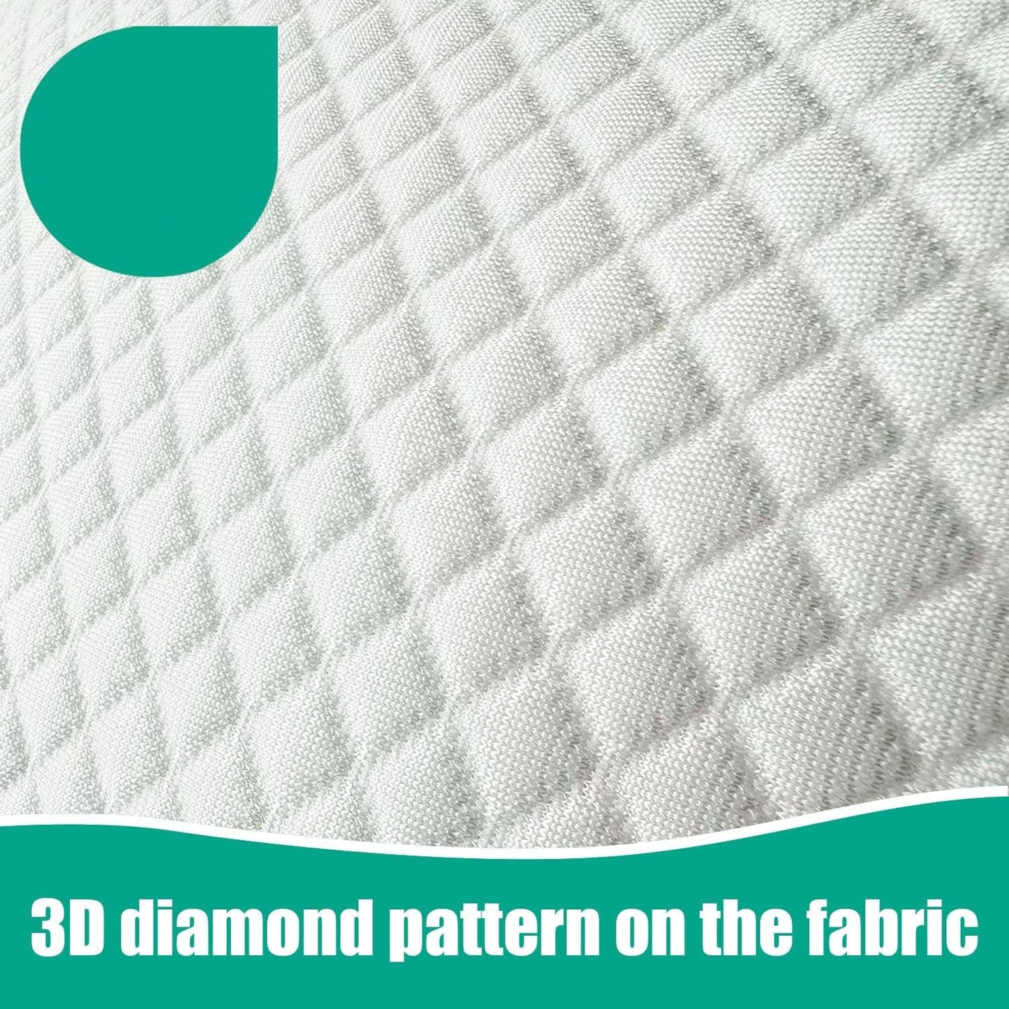 White quilted fabric with a diamond pattern, featuring an OEKO-TEX certification badge in the top-left corner and a teal banner at the bottom that reads '3D diamond pattern on the fabric'.