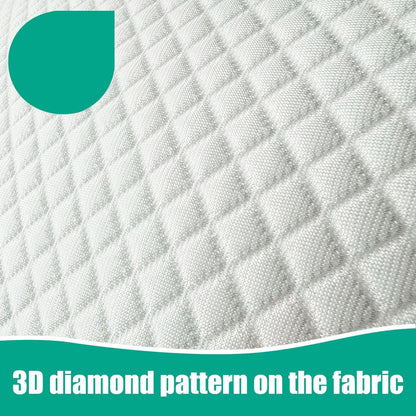 White quilted fabric with a diamond pattern, featuring an OEKO-TEX certification badge in the top-left corner and a teal banner at the bottom that reads '3D diamond pattern on the fabric'.
