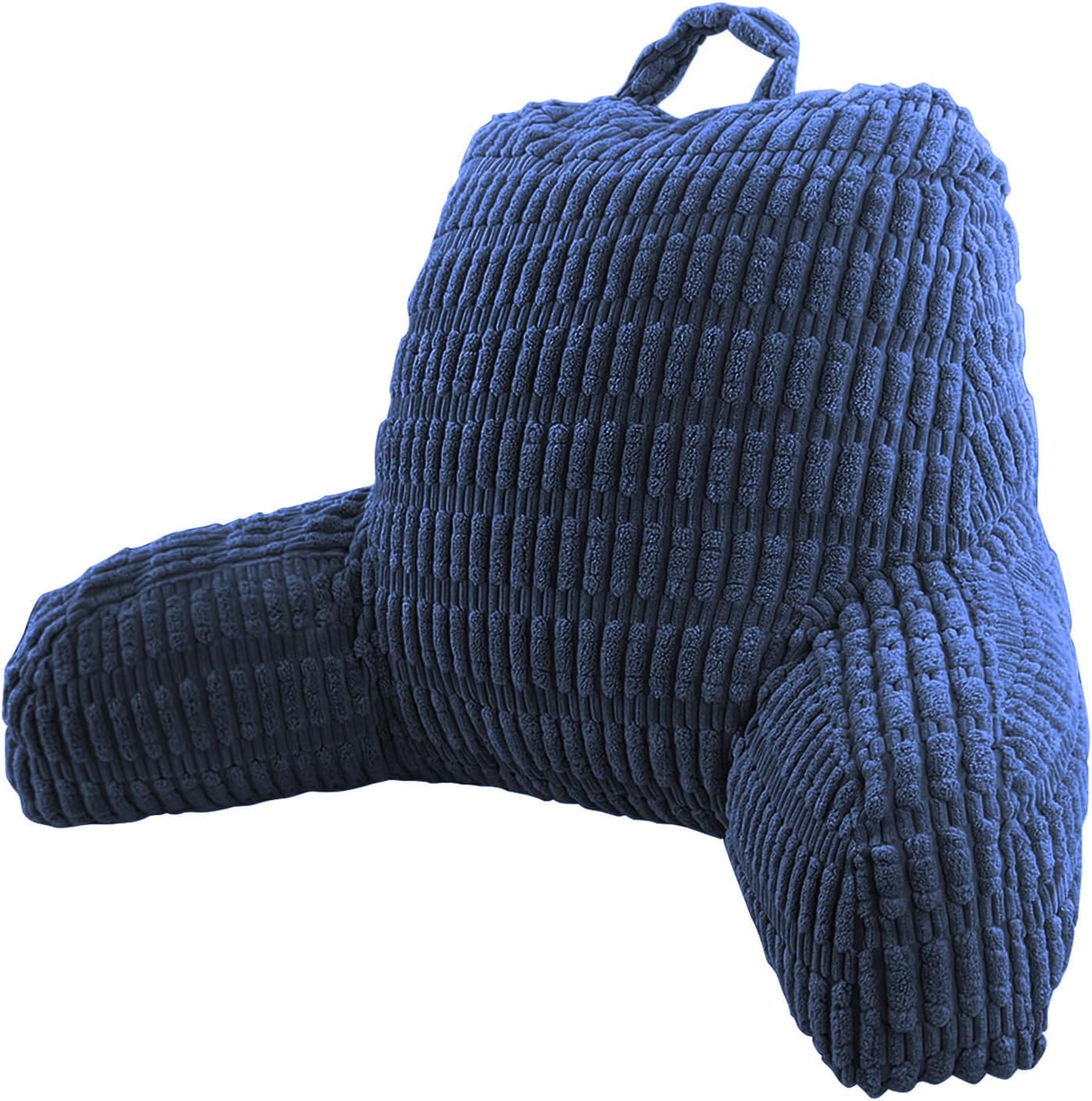 A blue corduroy lumbar pillow with a loop handle, shown on a plain white background.