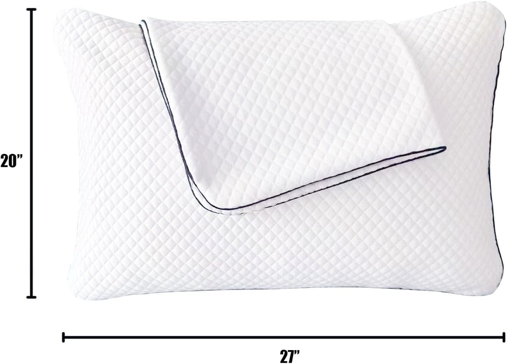 White contoured pillow with a diamond quilted texture and black piping, shown with dimension lines indicating 20 inches in height and 27 inches in width.