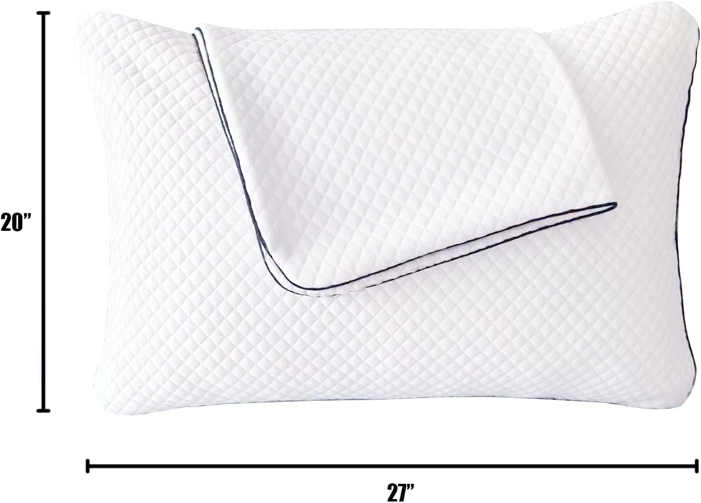 White contoured pillow with a diamond quilted texture and black piping, shown with dimension lines indicating 20 inches in height and 27 inches in width.