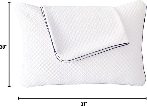 White contoured pillow with a diamond quilted texture and black piping, shown with dimension lines indicating 20 inches in height and 27 inches in width.