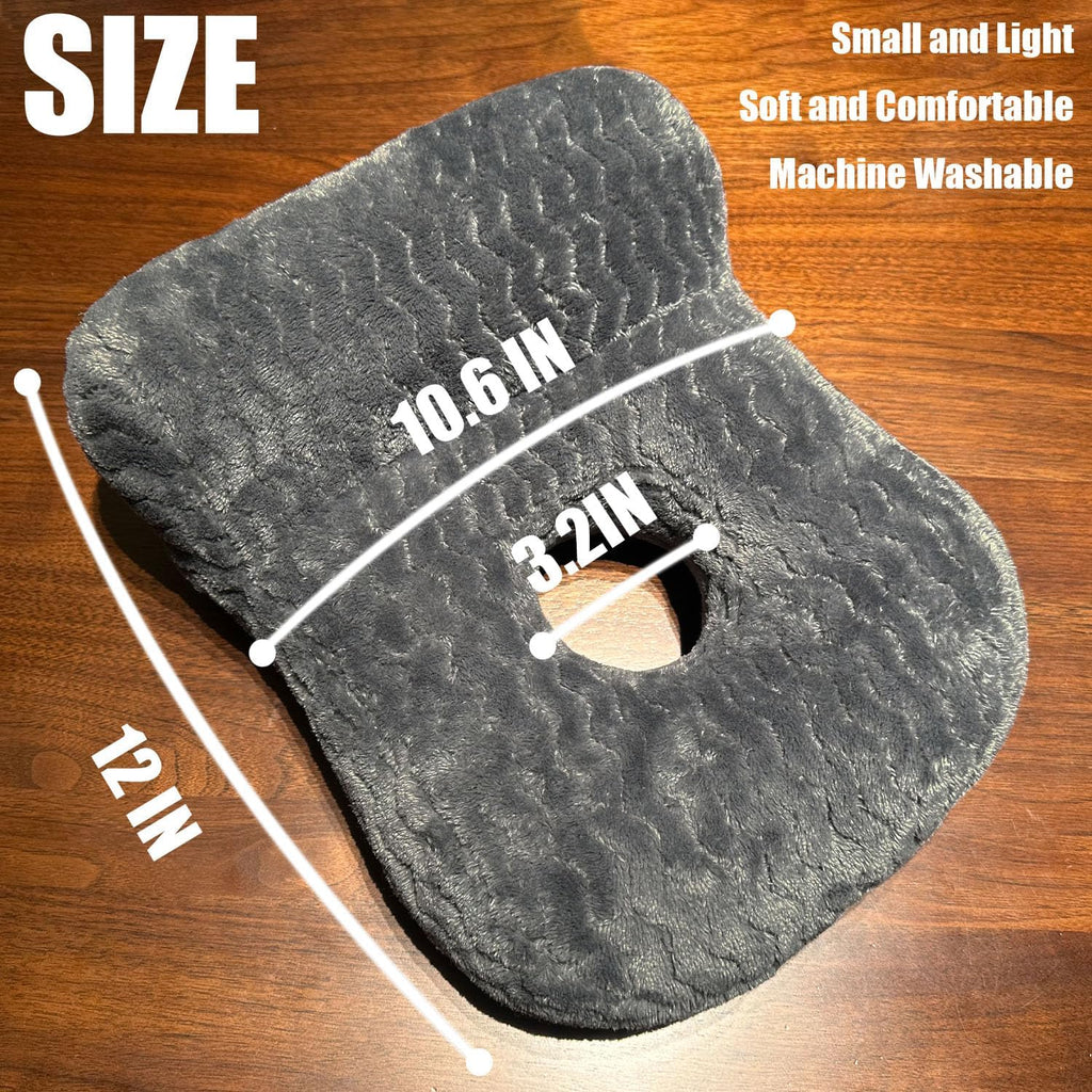 A dark gray contoured seat cushion shown on a wooden surface with overlaid size measurements: 12 IN overall, 10.6 IN width, and 3.