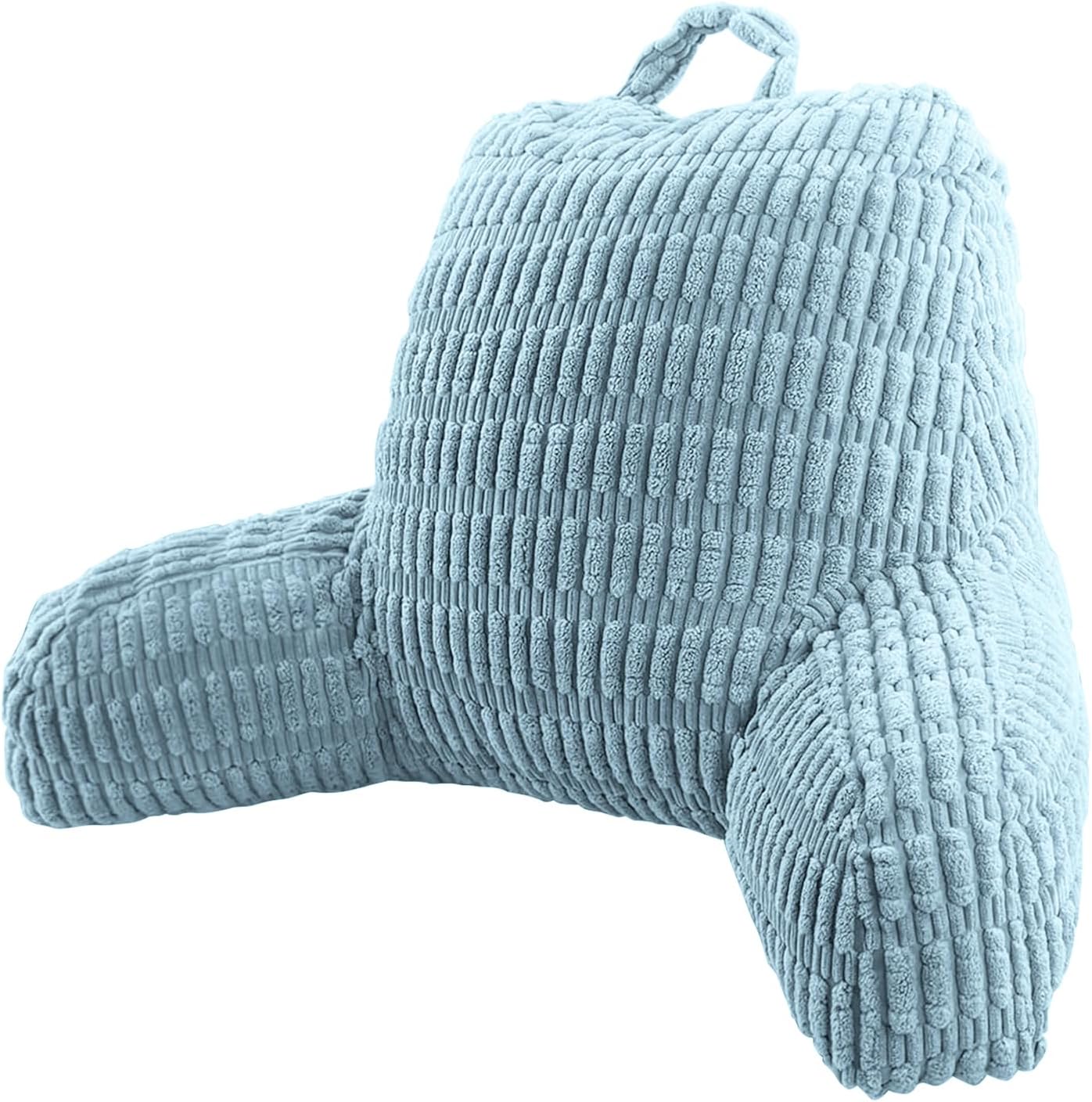 A light blue ribbed corduroy wedge lumbar pillow with a top hanging loop, shown on a plain white background.