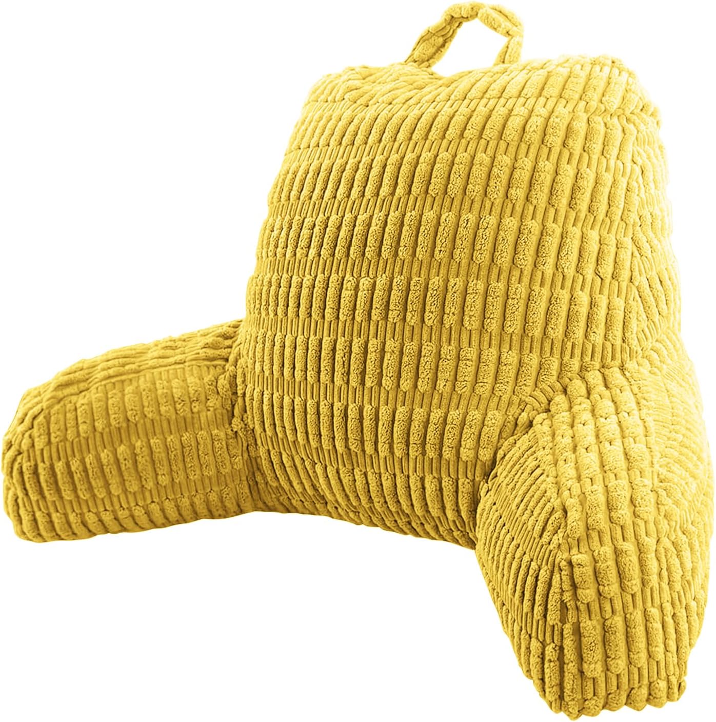 A mustard yellow corduroy lumbar pillow with a built-in carrying handle, shown on a solid white background.