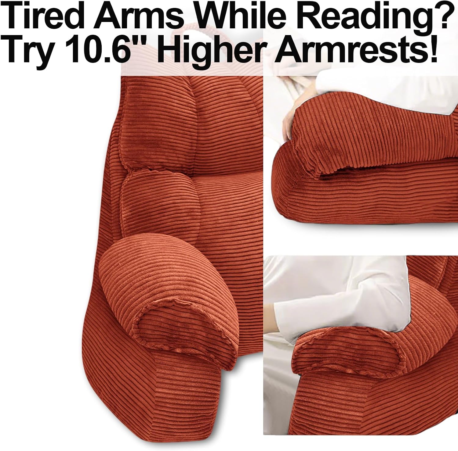 A collage showing an orange-brown corduroy armrest cushion in three close-up views, with one inset showing a person's arm resting on it. Large text at the top reads, 'Tired Arms While Reading? Try 10.