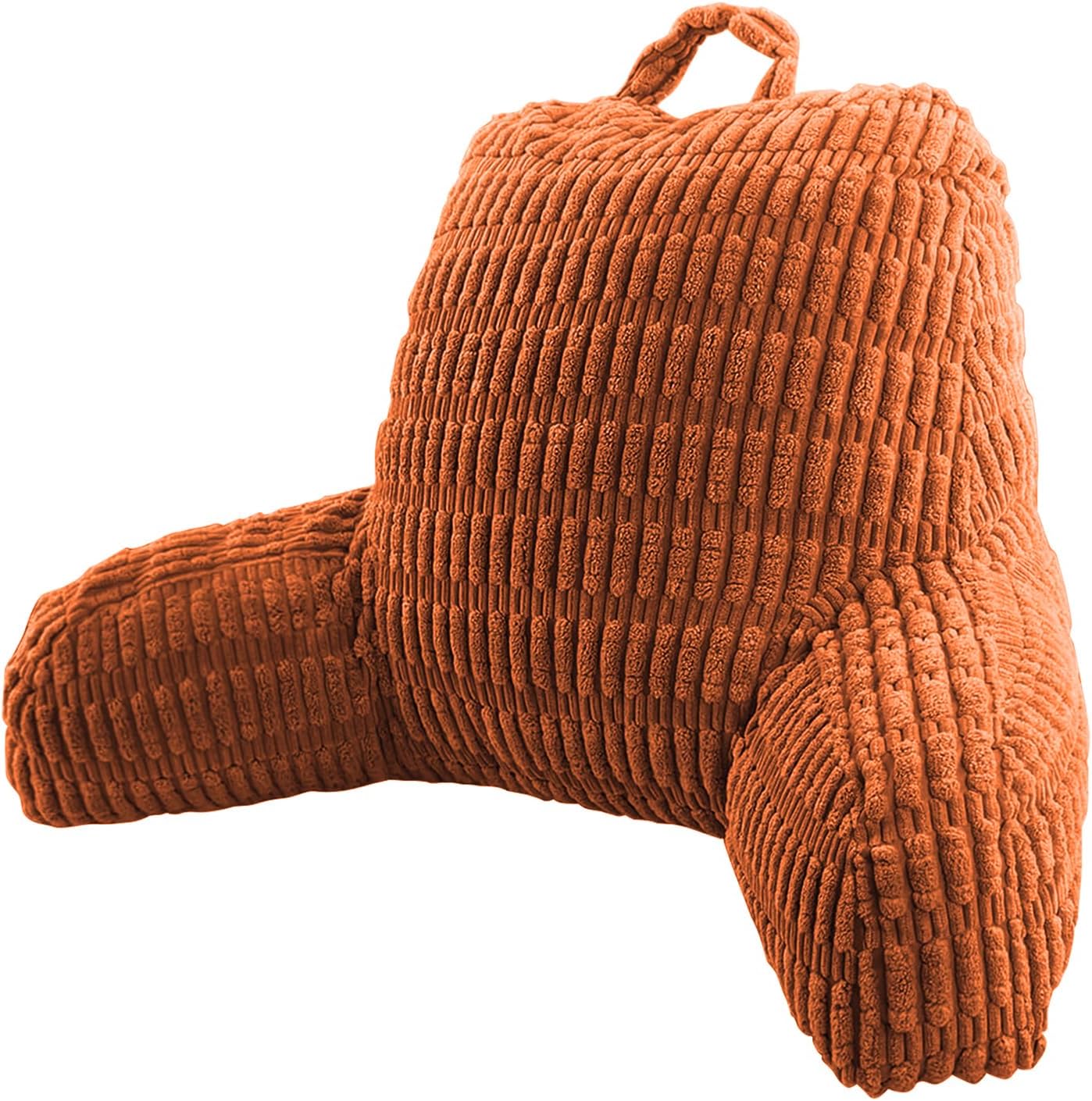 An orange-brown ribbed corduroy Y-back pillow with a top hanging loop, shown on a solid white background.