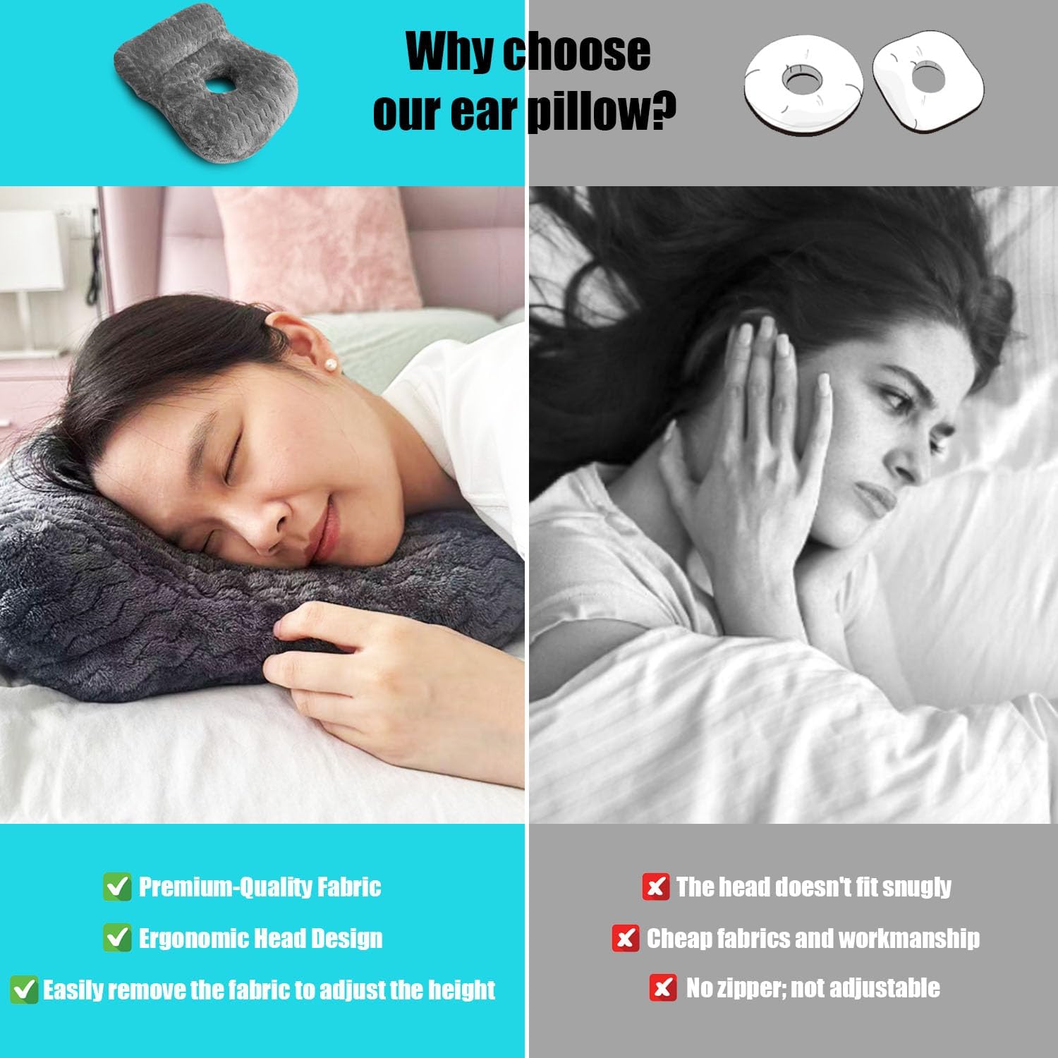 A promotional comparison graphic for an ear pillow. The left half shows a woman sleeping comfortably on a dark gray textured ear pillow in bed, with text highlighting benefits like premium fabric and ergonomic design.