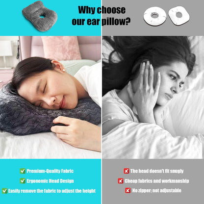 A promotional comparison graphic for an ear pillow. The left half shows a woman sleeping comfortably on a dark gray textured ear pillow in bed, with text highlighting benefits like premium fabric and ergonomic design.