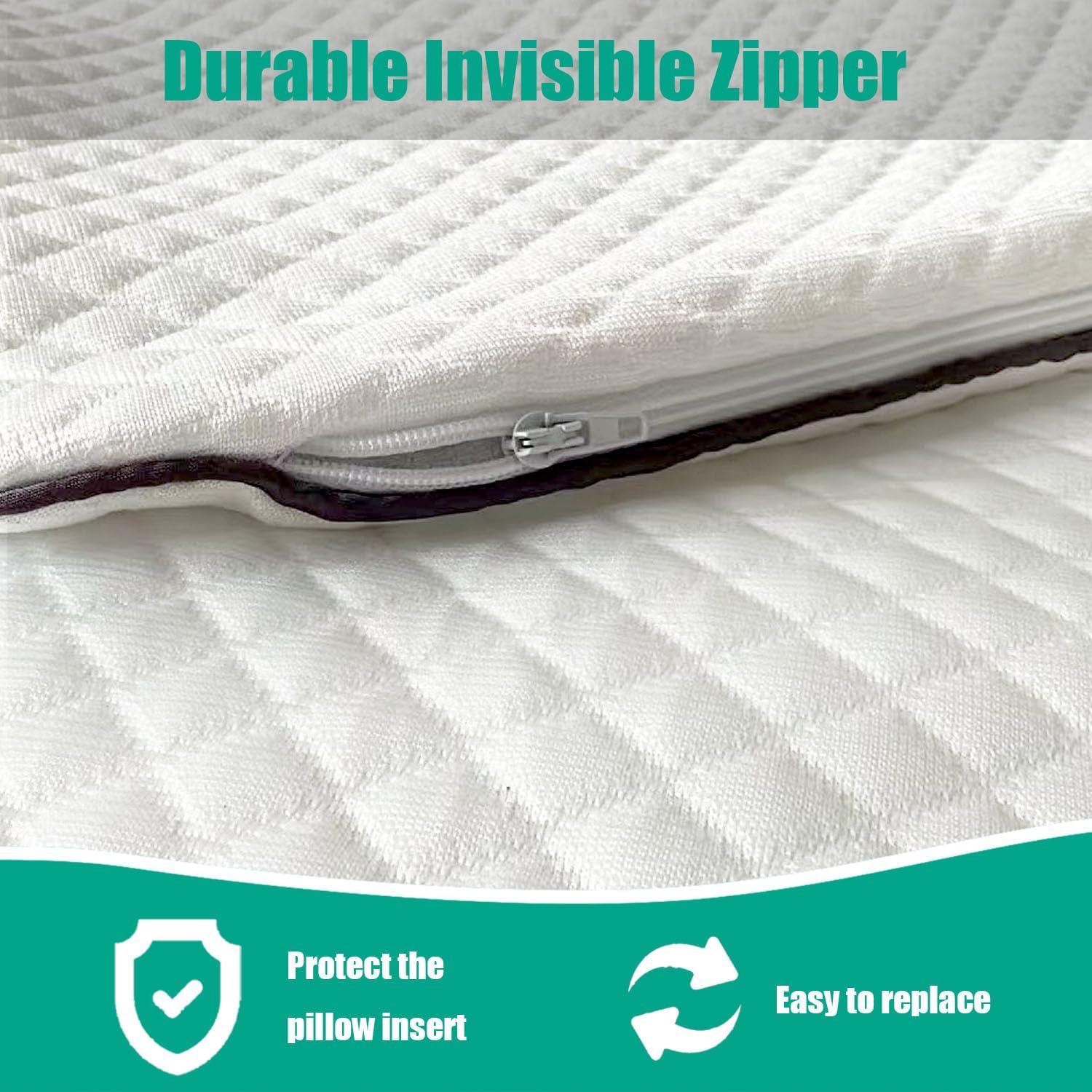Close-up of a quilted white pillow cover or mattress protector with an invisible zipper, shown with marketing text reading 'Durable Invisible Zipper' and feature icons for protecting the pillow insert and being easy to replace.