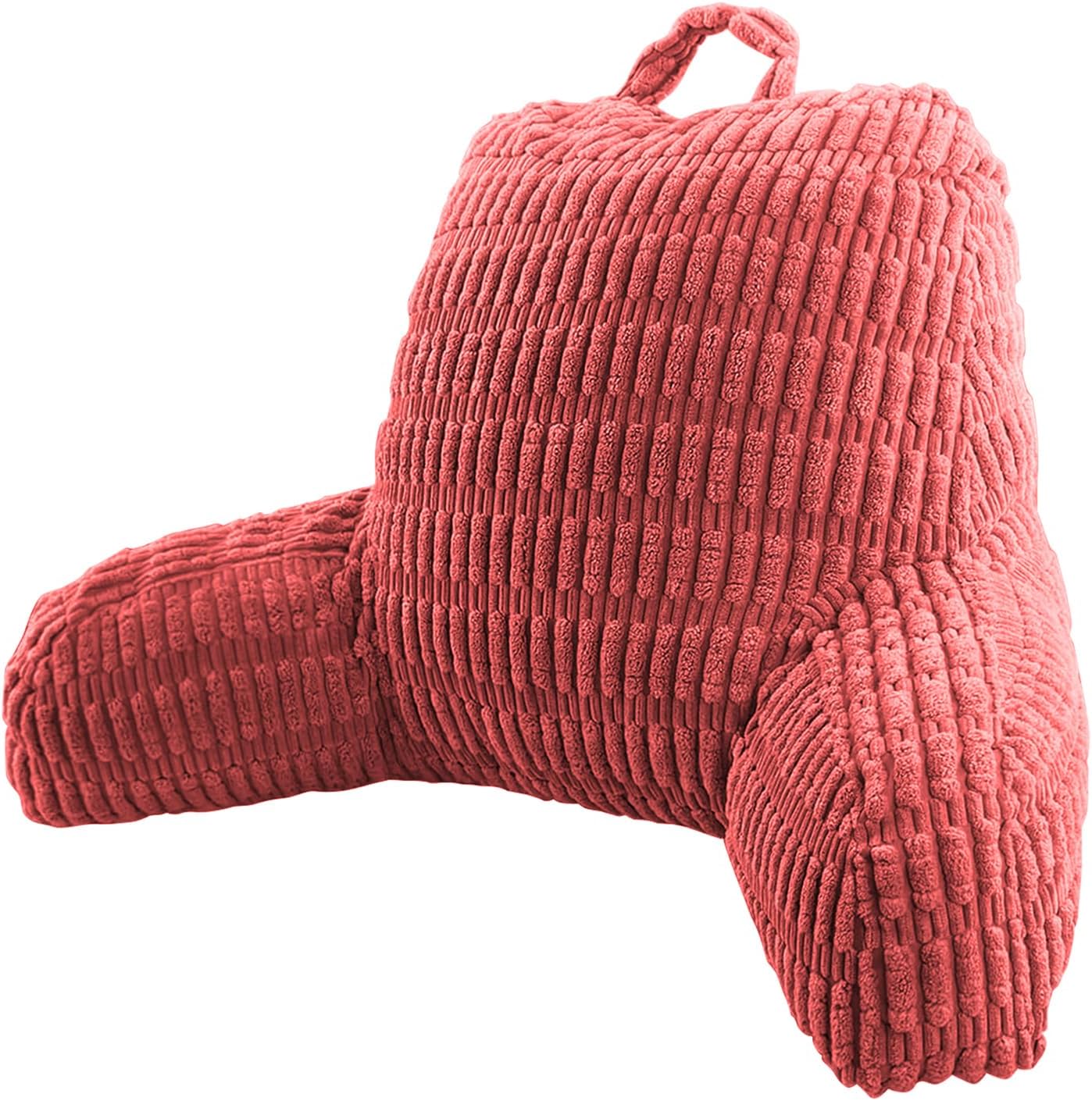 A red corduroy Y-shaped lumbar pillow with a top hanging loop, shown on a plain white background.