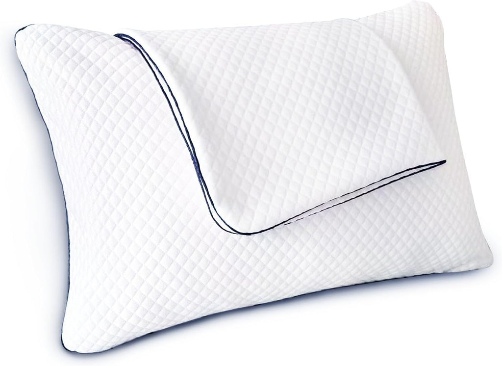 A white contoured pillow with a diamond-quilted texture and dark blue piping along the edges, shown on a plain white background.