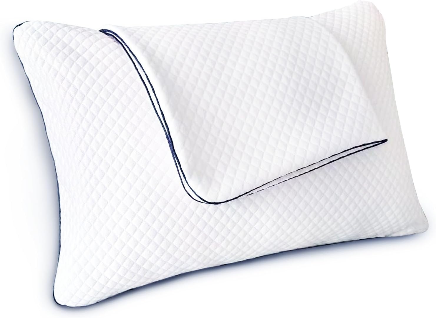 A white contoured pillow with a diamond-quilted texture and dark blue piping along the edges, shown on a plain white background.